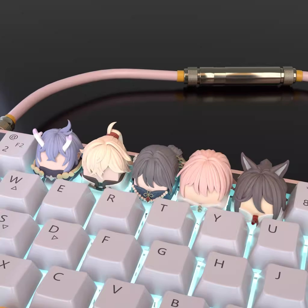 Custom Honkai: Star Rail Keycaps Set featuring Ruan Mei, Bailu, Tingyun, March 7th, and Jing Yuan, perfect for immersive fan experiences.