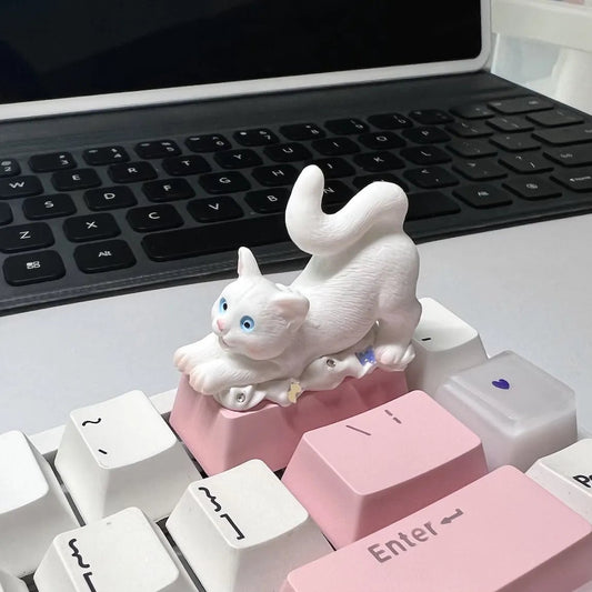 Cute White Cat Backspace 2U Artisan Keycap Purr-fect Keycap