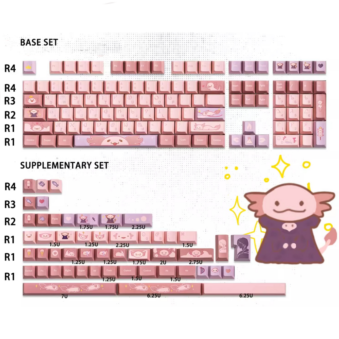 PBT Sprightly Axolotl keycap set for Final Fantasy XIV, with 155 keys designed for a standout keyboard setup.