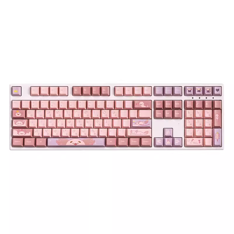 Final Fantasy XIV PBT Sprightly Axolotl custom keycaps set featuring 155 vibrant keys with unique designs.