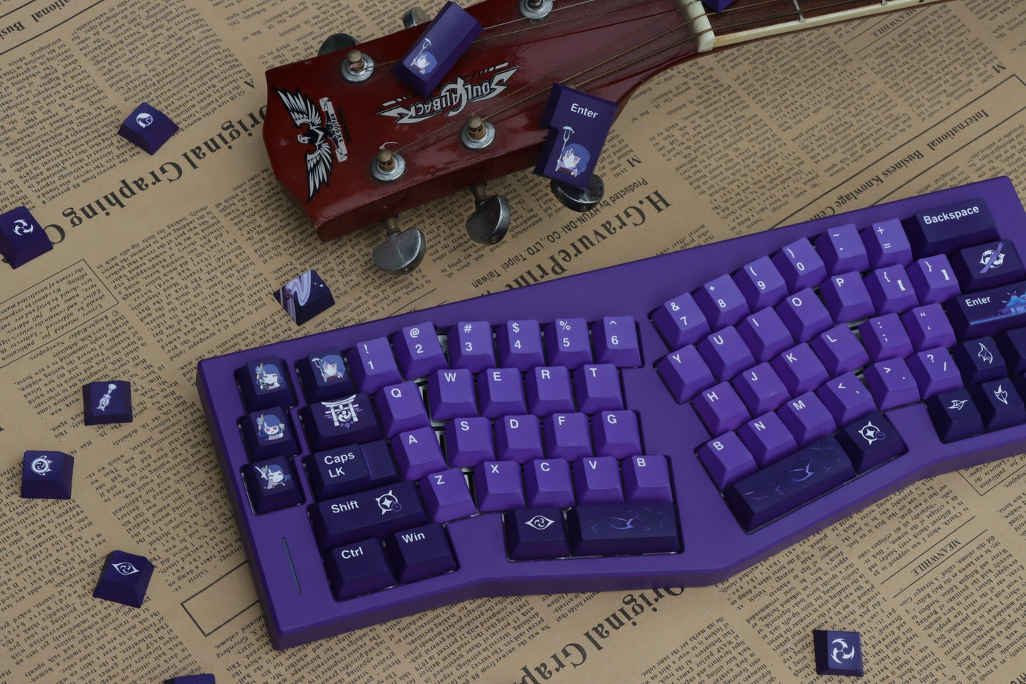 Raiden Shogun Cherry profile keycaps, crafted for fans of Genshin Impact, compatible with multiple keyboard layouts.
