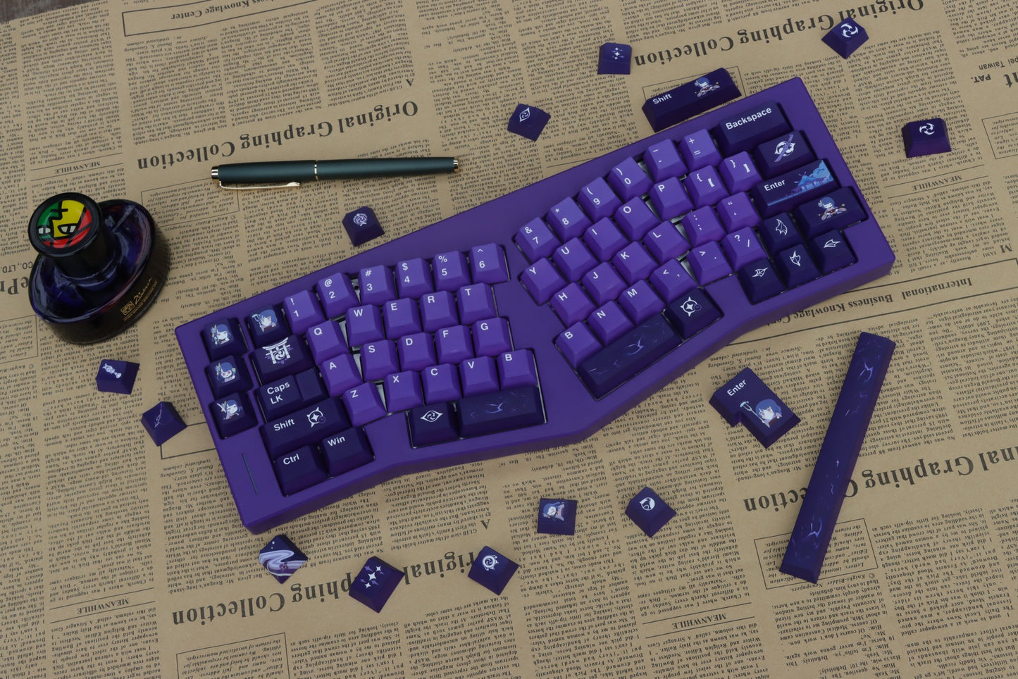 Raiden Shogun Cherry profile keycaps, crafted for fans of Genshin Impact, compatible with multiple keyboard layouts.