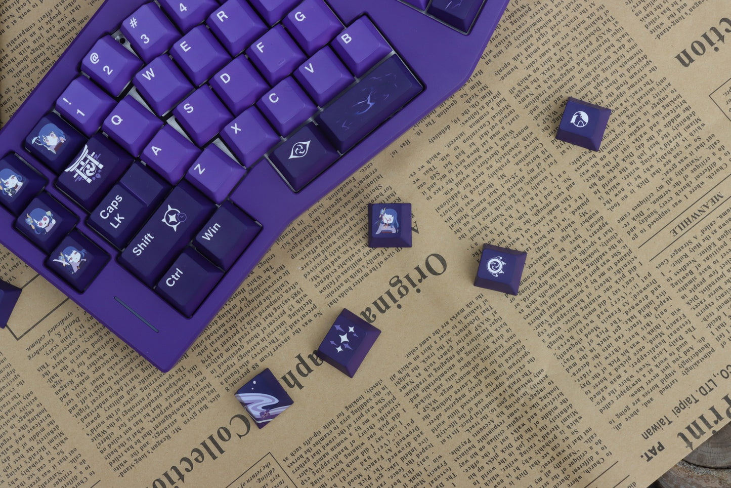 Raiden Shogun Cherry profile keycaps, crafted for fans of Genshin Impact, compatible with multiple keyboard layouts.