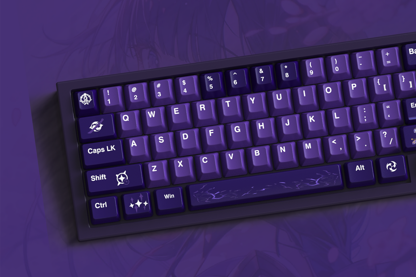 Genshin Impact Raiden Shogun keycaps set, 138-key PBT Cherry profile custom keycaps for Cherry MX switches.