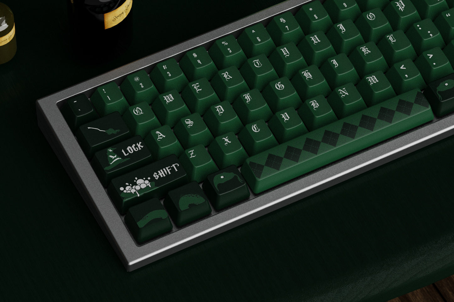 Slytherin-inspired artisan keycaps, designed to elevate your keyboard with the elegance of the serpent and the spirit of ambition.