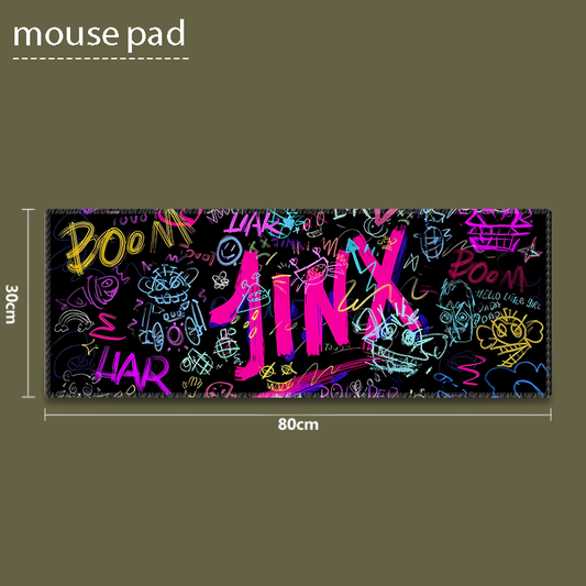 Close-up of aiheystudio’s Jinx mouse pad with colorful graffiti style and smooth surface.