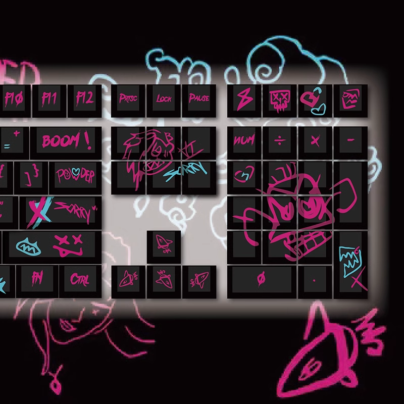 Custom mechanical keyboard keycap inspired by Jinx, designed with a graffiti theme for gamers.