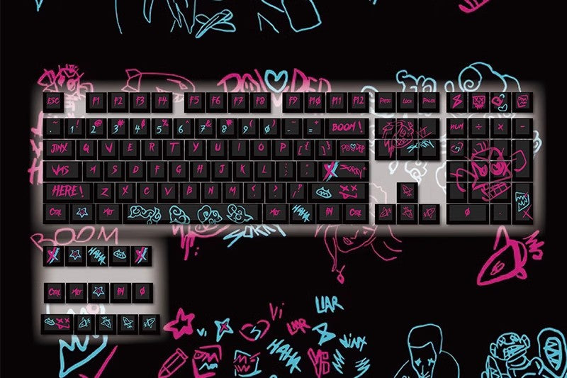 Jinx PBT Graffiti Custom Keycaps for League of Legends - Unique, vibrant keycaps featuring Jinx from LoL, perfect for mechanical keyboards.
