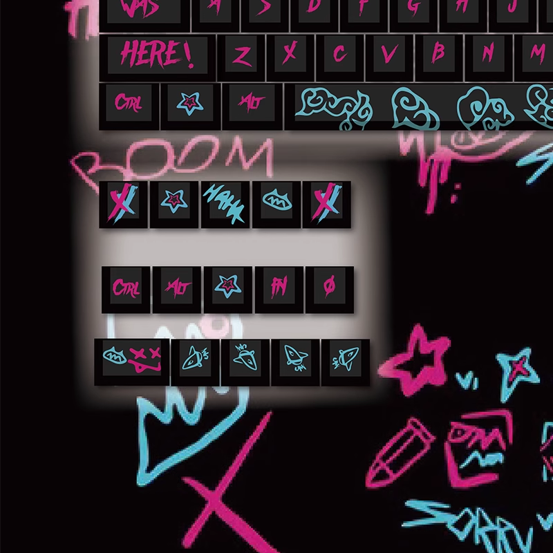 Artisan keycap of Jinx from League of Legends, showcasing vibrant colors and unique artwork.