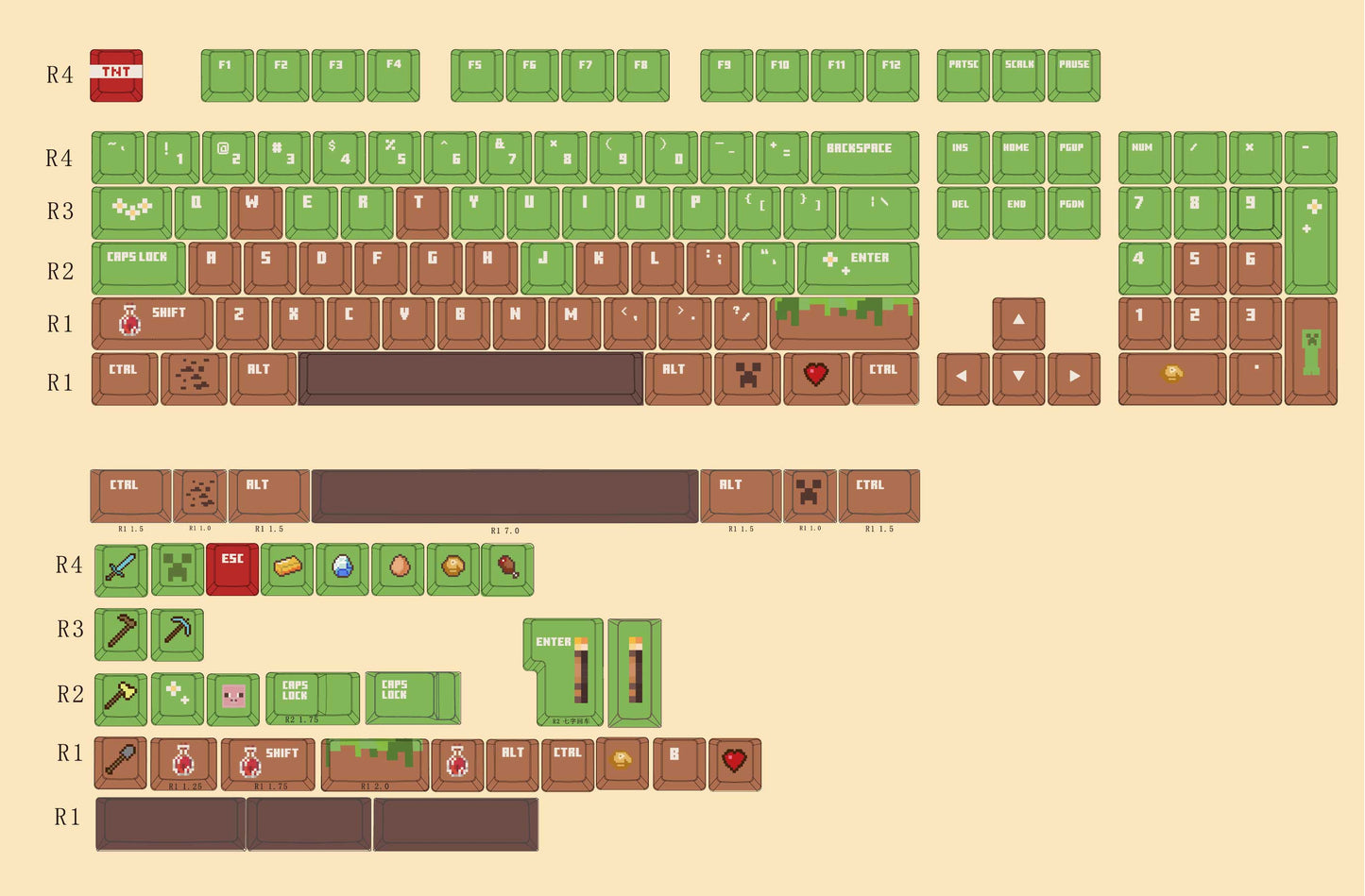 Experience the pixelated charm of Minecraft with this unique keycaps set, ideal for personalizing your keyboard.