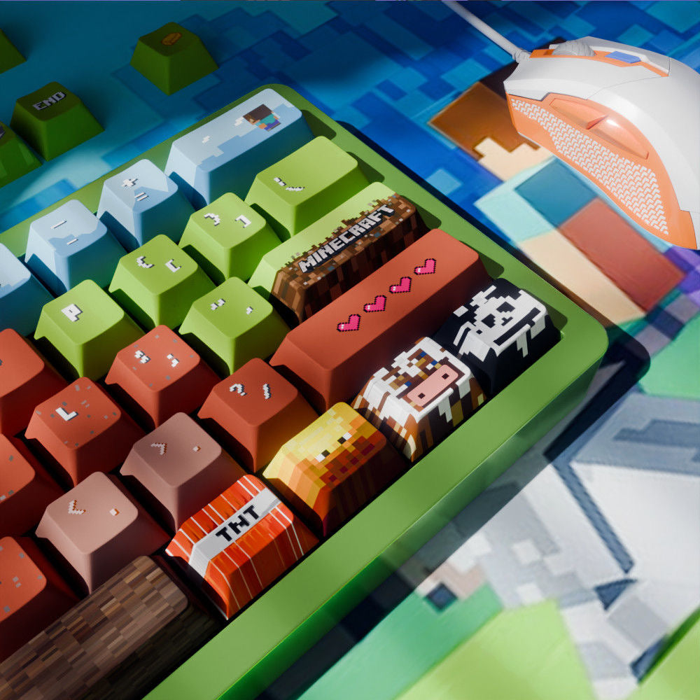 Multiple angles of Minecraft keycap set showing detailed pixel designs and durable PBT material.