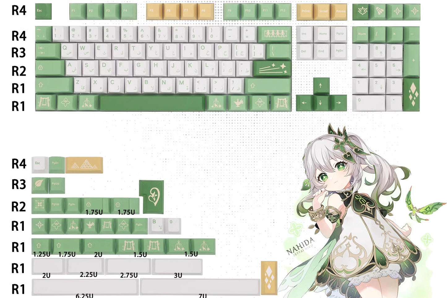 Custom keycap set featuring Nahida from Genshin Impact, crafted with durable PBT material for gamers.