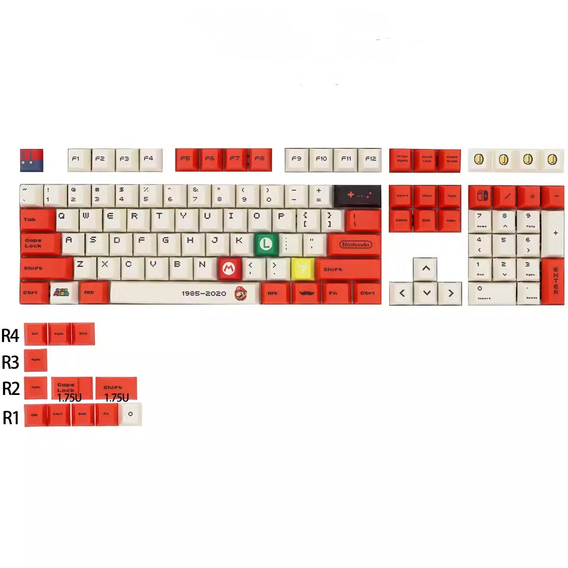 Super Mario Bros. 35 keycaps set, 120 PBT custom keys inspired by the classic game. Compatible with Cherry MX switches.