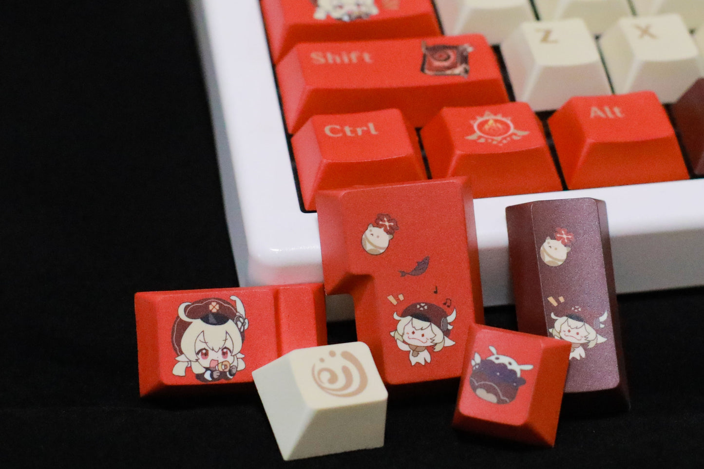 Experience explosive character in every keystroke with our 'BOOM BOOM Klee' Keycaps, inspired by Genshin Impact. Crafted from high-quality PBT material, these custom keycaps offer durability and tactile satisfaction that rivals the renowned GMK keycaps. In stock now, they bring a burst of Genshin Impact's playful chaos to your keyboard setup. Elevate your gaming experience with these captivating and vibrant keycaps.