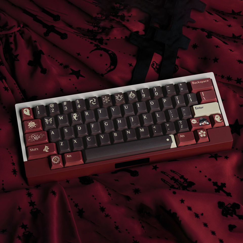 Hu Tao Genshin Impact PBT keycap set with ghost flower and butterfly details by AiheyStudio