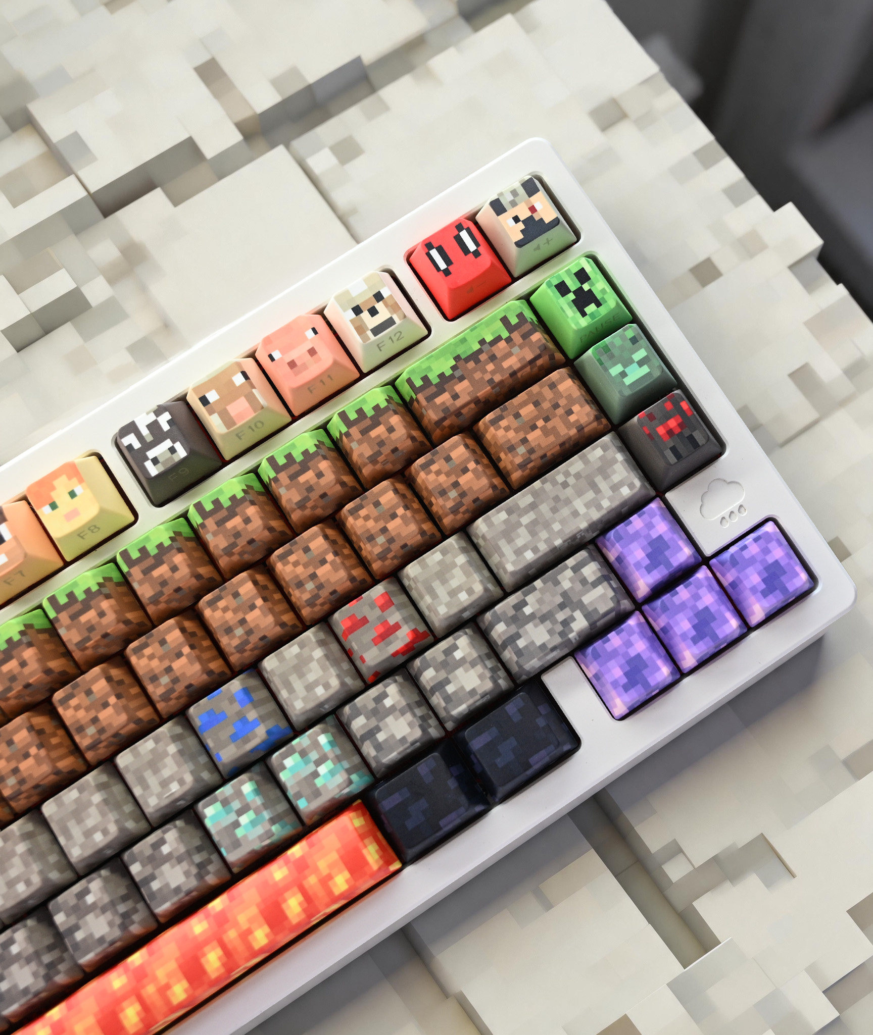 Minecraft character, creature and purple arrow keycaps shown in detail