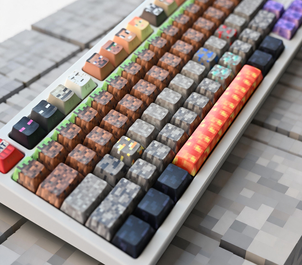 Angled view of the full Minecraft PBT keycap set with lava spacebar