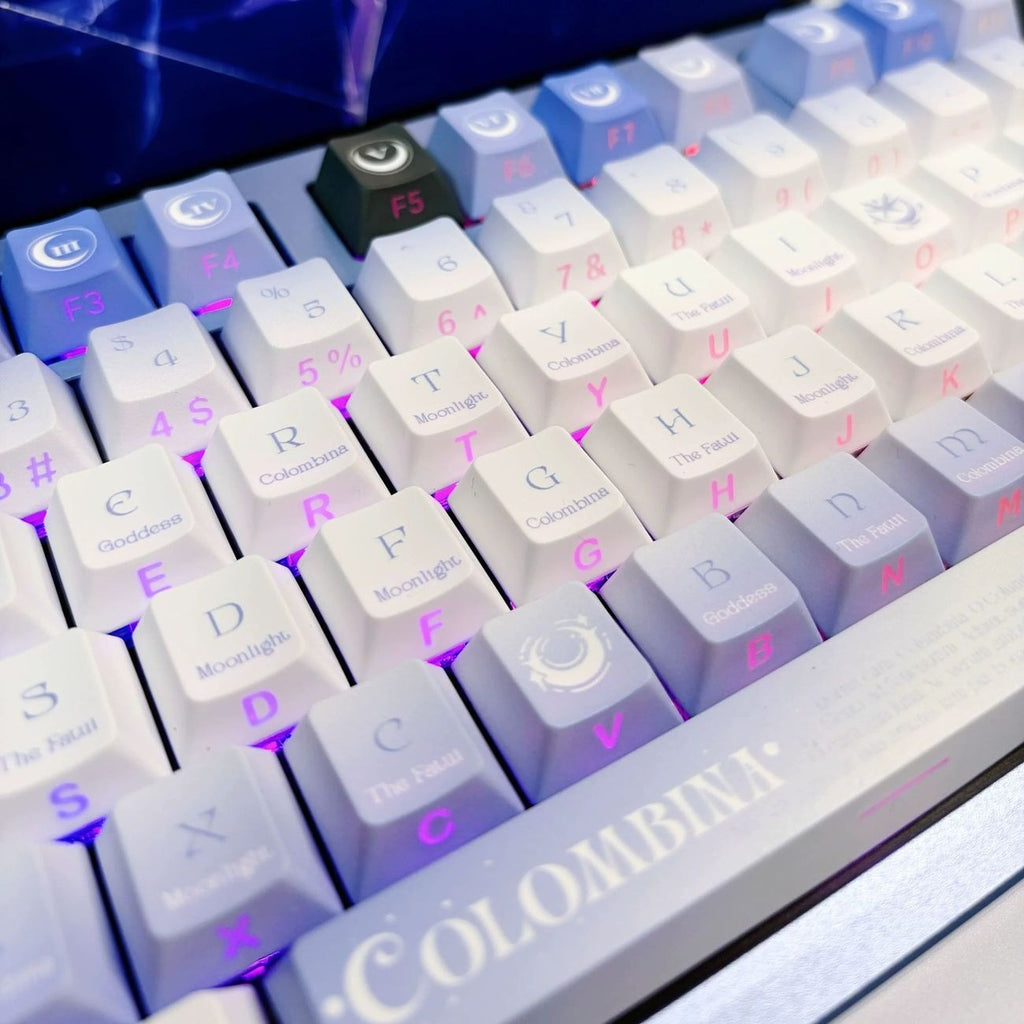 Anime celestial themed PBT keycap set featuring soft blue gradients, moon inspired graphics, and elegant fantasy details. Perfect for mechanical keyboard customization, this set creates a peaceful and artistic desk setup with RGB lighting effects.