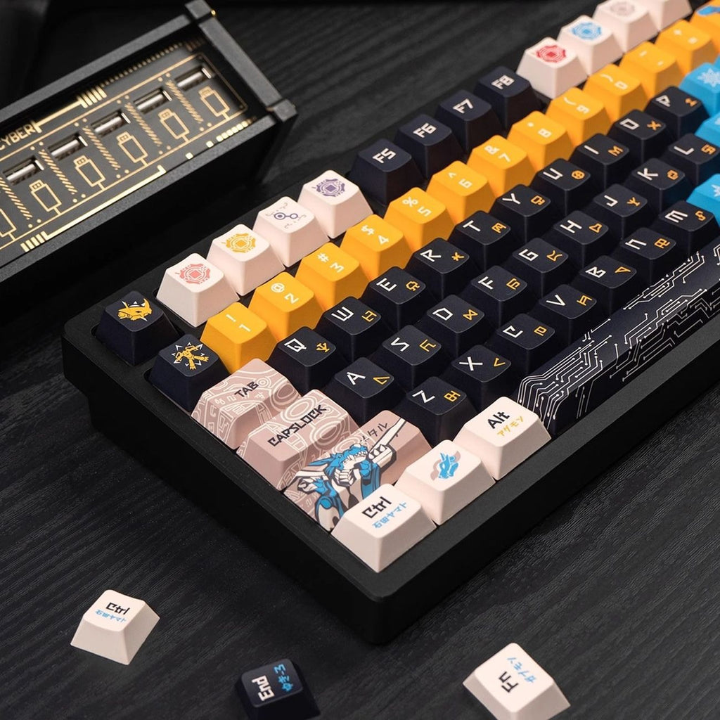 129 key Digimon Adventure PBT keycap set with anime inspired designs and digital fantasy aesthetics. The detailed graphics, themed colors, and premium keycap texture create a unique mechanical keyboard upgrade for gaming and everyday use.