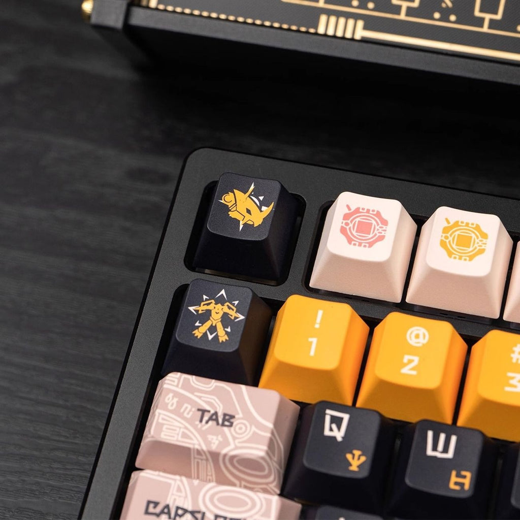 Digimon Adventure themed keycaps featuring detailed anime artwork created with five-sided dye sublimation technology. Made from thick PBT material, these keycaps offer long-lasting colors and a comfortable typing experience for mechanical keyboard enthusiasts.