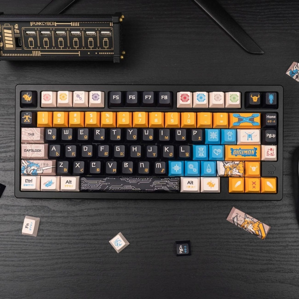 Digimon Adventure inspired PBT keycap set featuring digital world themed designs, anime graphics, and nostalgic adventure elements. This 129 key mechanical keyboard keycap set combines vibrant colors, durable PBT material, and five-sided dye sublimation for gaming setups and anime themed desks.