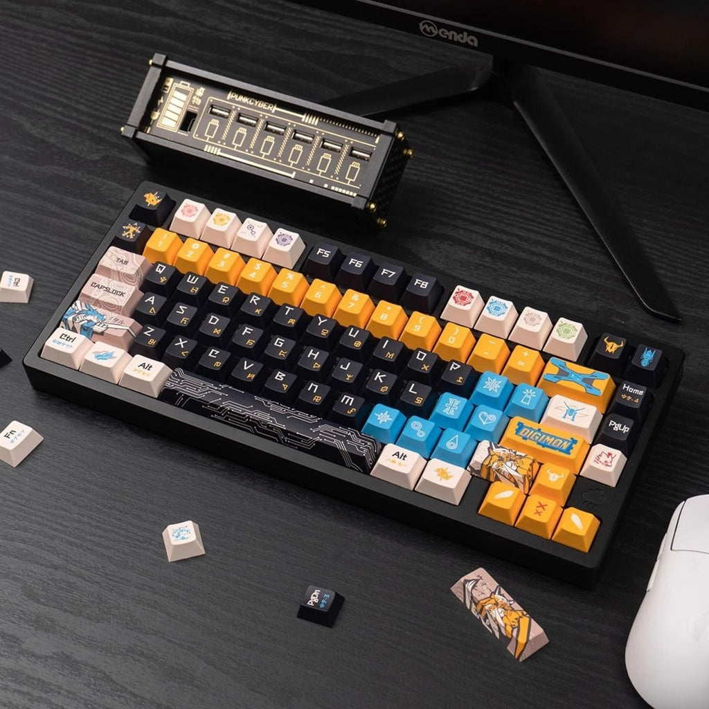 Anime inspired Digimon Adventure keycap set designed for mechanical keyboards. Featuring futuristic digital aesthetics, character inspired artwork, and colorful accent keys, this PBT keycap set adds a nostalgic gaming style to custom keyboard builds.