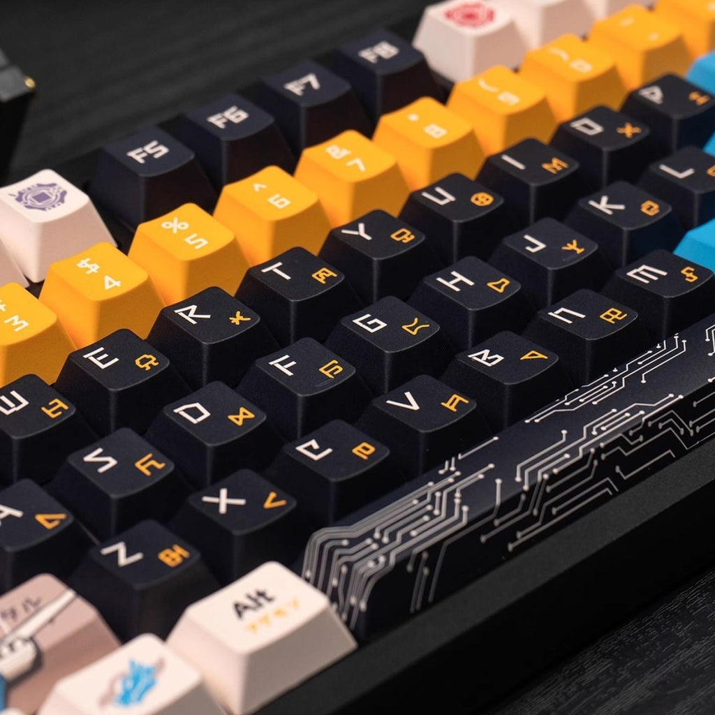 Digital Monster inspired mechanical keyboard keycap set featuring black, blue, white, and orange themed colors. Made with durable PBT material and five-sided dye sublimation, this collectible keyboard set is perfect for anime fans and gamers.