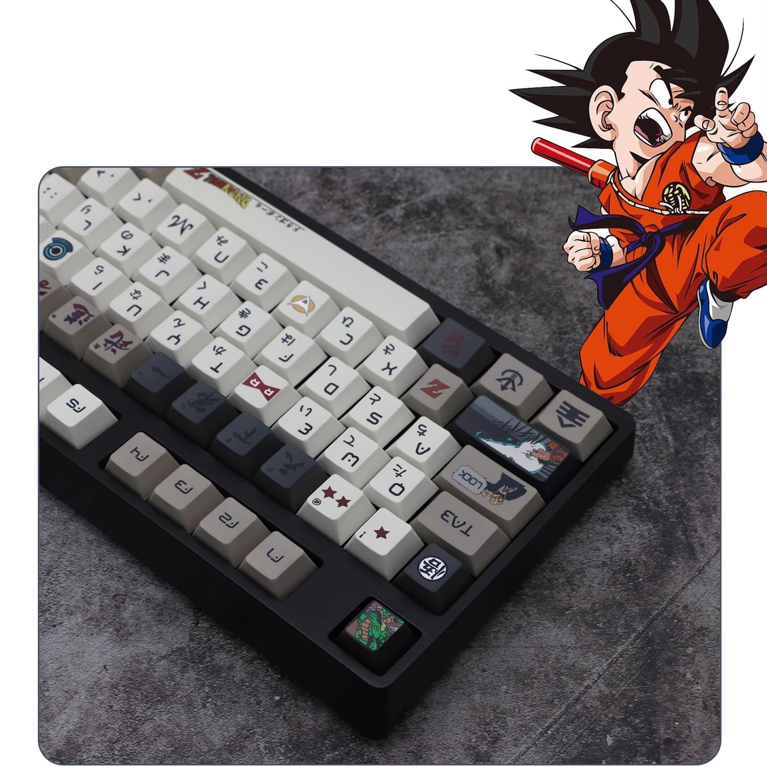 Personalized Dragon Ball keycap set featuring iconic Saiyan characters Goku and Vegeta, crafted for anime-inspired keyboards.
