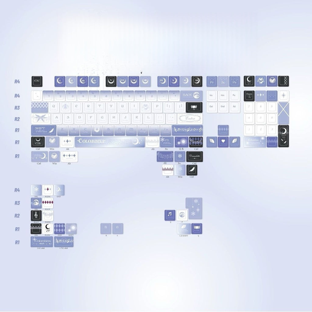 Fantasy moonlight inspired PBT keycap set with elegant anime illustrations and celestial decorations. Designed for custom mechanical keyboards, these keycaps combine artistic design, comfortable texture, and long-lasting durability.