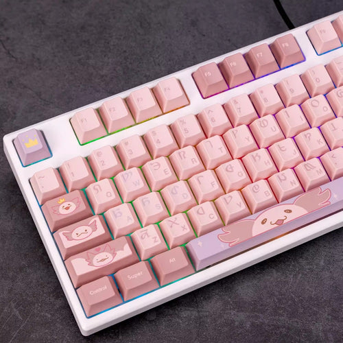 155-piece custom keycap set inspired by Final Fantasy XIV, featuring colorful Sprightly Axolotl artwork.
