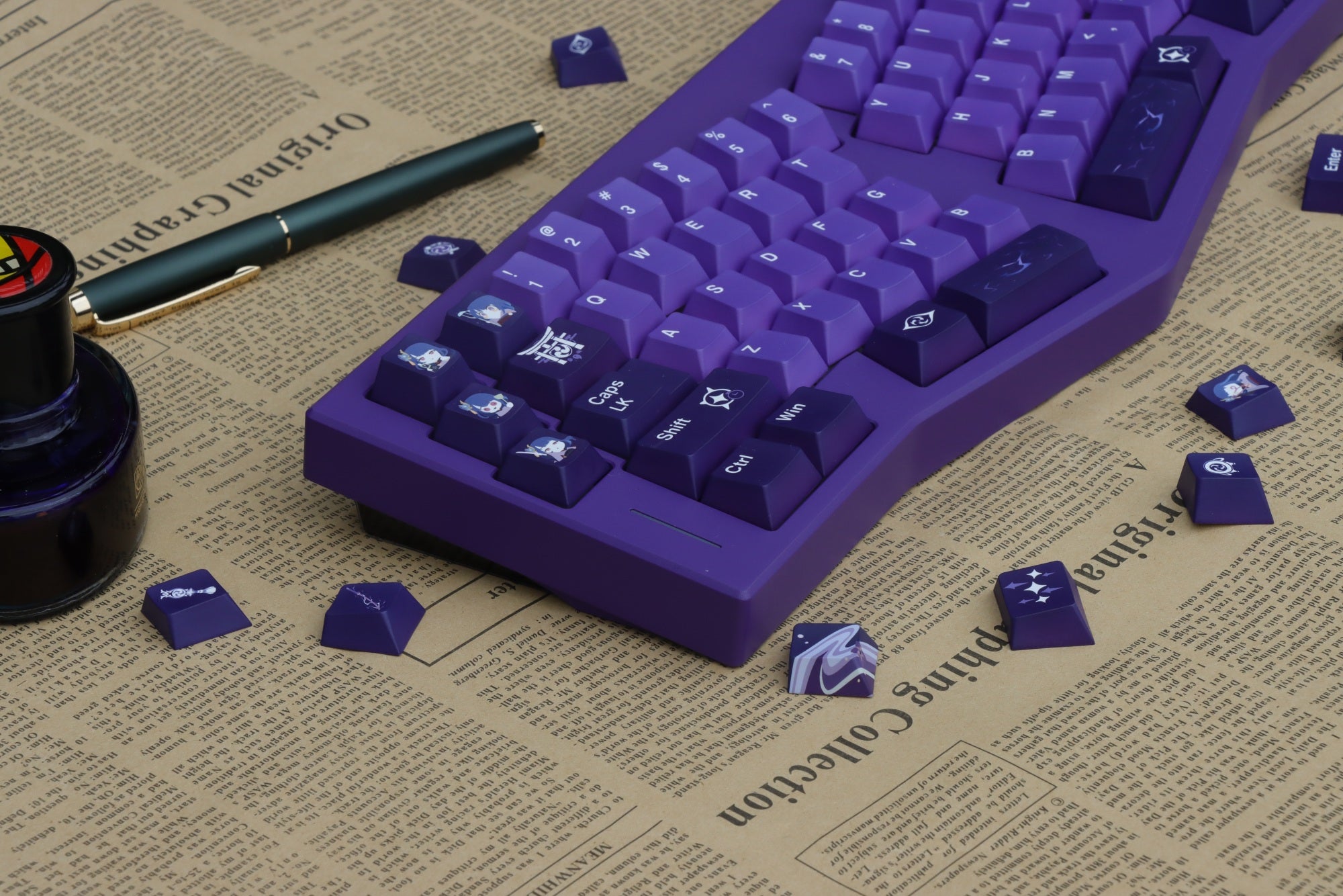Cherry profile PBT keycaps featuring Raiden Shogun, 1.7mm thickness, compatible with 60%-100% keyboard layouts.
