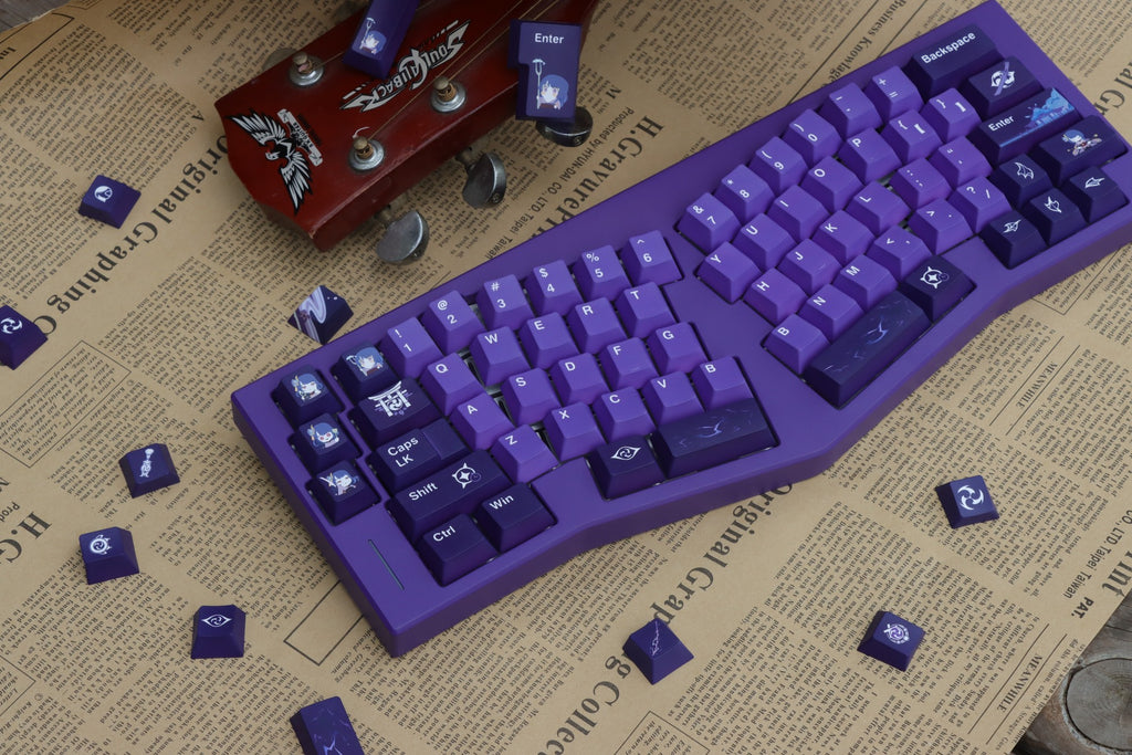 Genshin Impact Raiden Shogun PBT keycap collection, Cherry MX-compatible artisan keycaps by AiheyStudio.
