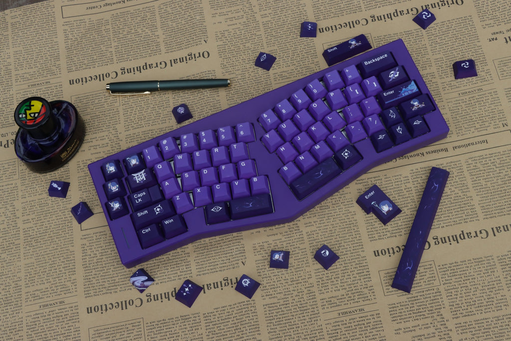 Raiden Shogun Cherry profile keycaps, crafted for fans of Genshin Impact, compatible with multiple keyboard layouts.