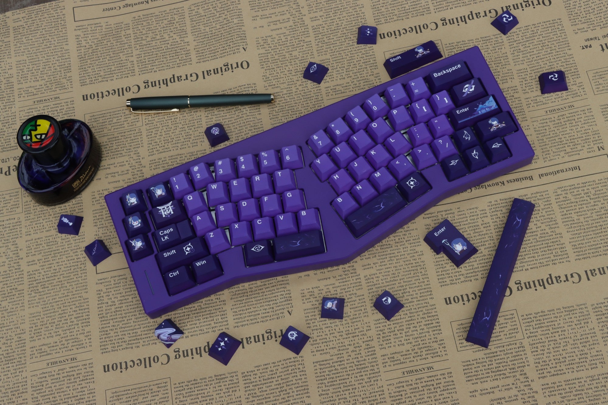 Raiden Shogun Cherry profile keycaps, crafted for fans of Genshin Impact, compatible with multiple keyboard layouts.