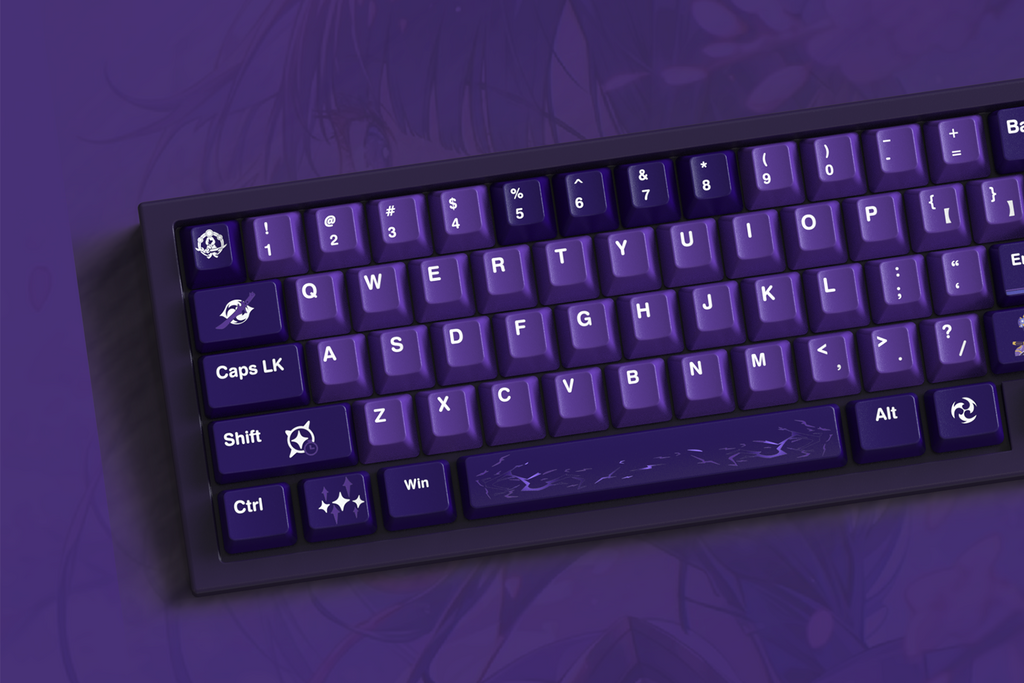 Genshin Impact Raiden Shogun keycaps set, 138-key PBT Cherry profile custom keycaps for Cherry MX switches.
