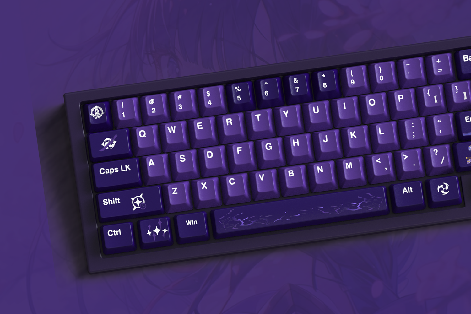 Genshin Impact Raiden Shogun keycaps set, 138-key PBT Cherry profile custom keycaps for Cherry MX switches.
