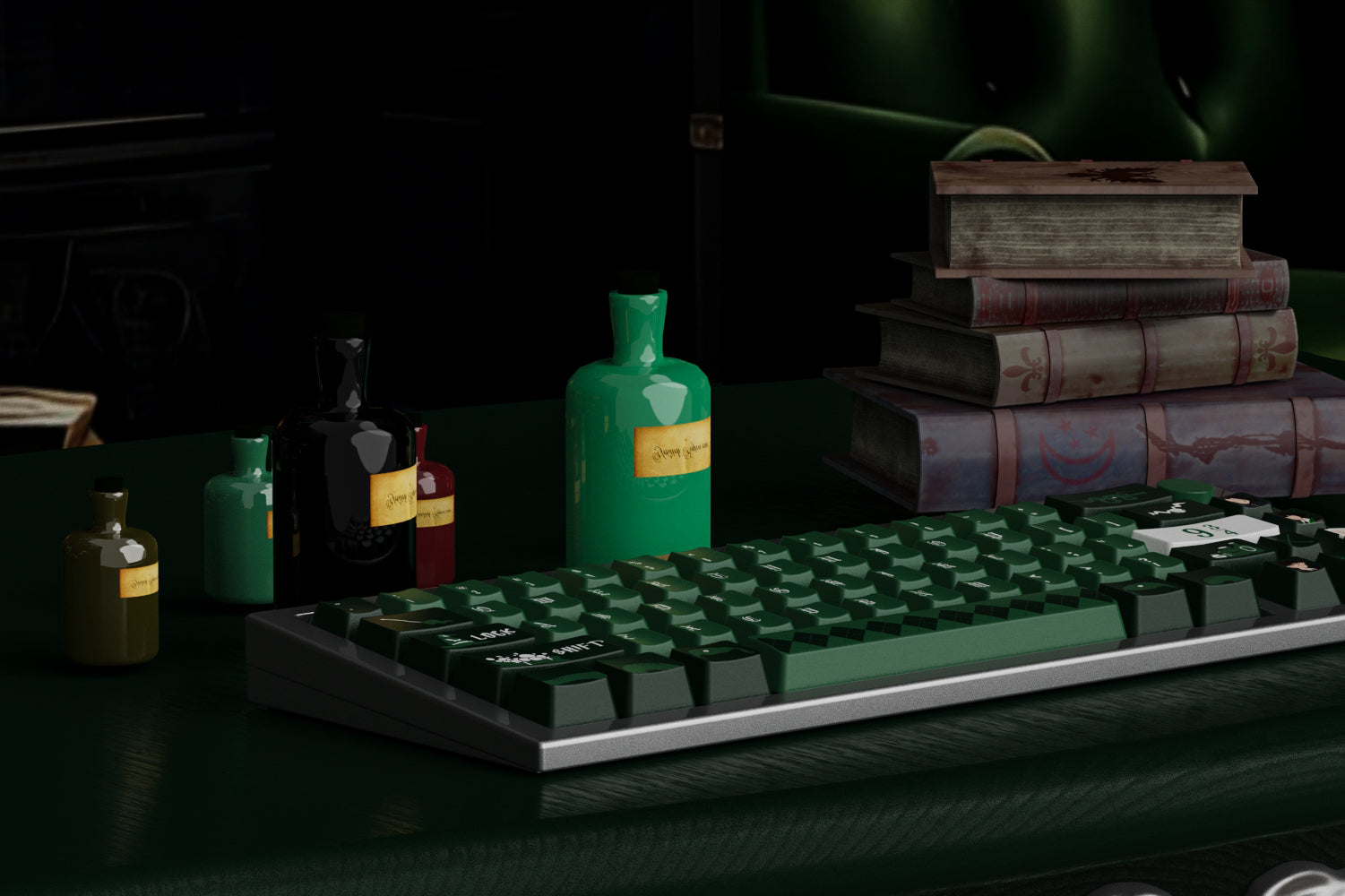 Custom keycap set showcasing the Slytherin snake emblem, ideal for adding a touch of magic to your mechanical keyboard.
