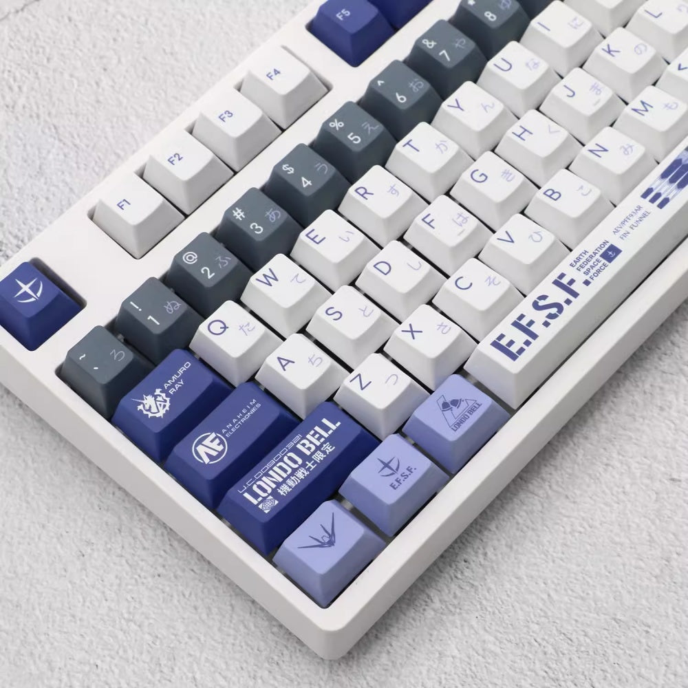 Custom keycap set inspired by Hi-ν Gundam, showcasing vibrant colors and unique designs for an eye-catching keyboard upgrade.
