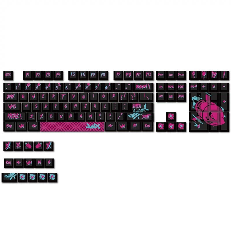 Custom keycap of Jinx from League of Legends, showcasing bold colors and graffiti art.