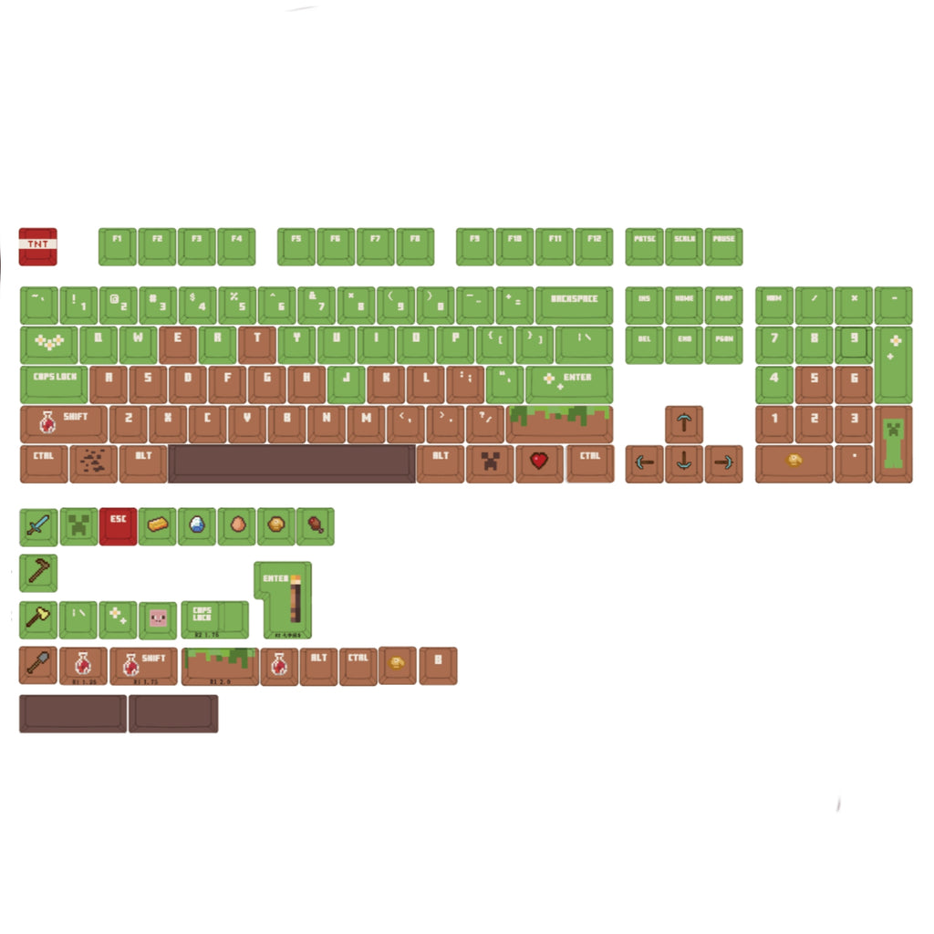 Mechanical keyboard keycap set by aiheystudio featuring 130 Minecraft-themed pixel art keycaps.
