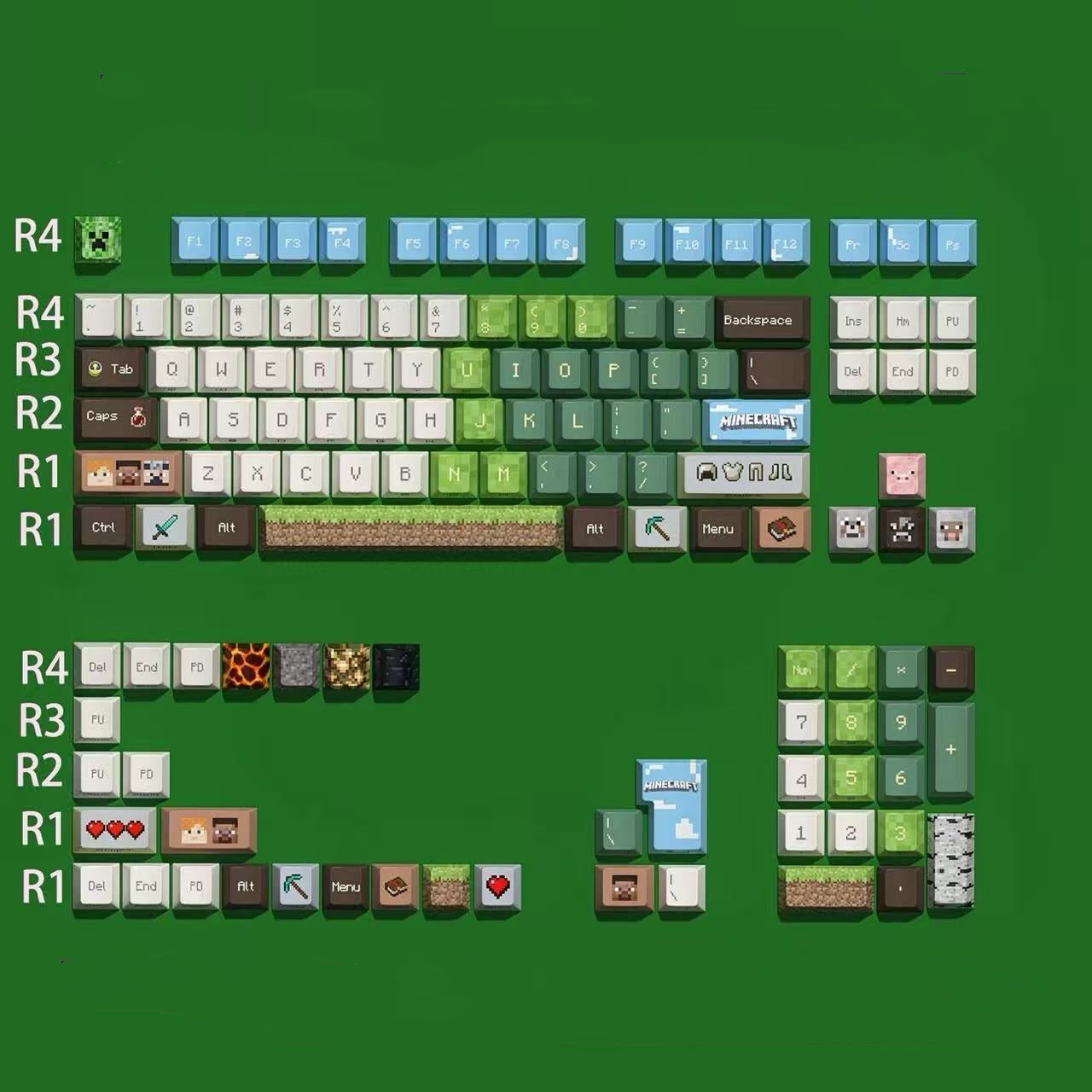 Minecraft pixel keycap set by aiheystudio featuring colorful PBT gaming keycaps for mechanical keyboards.
