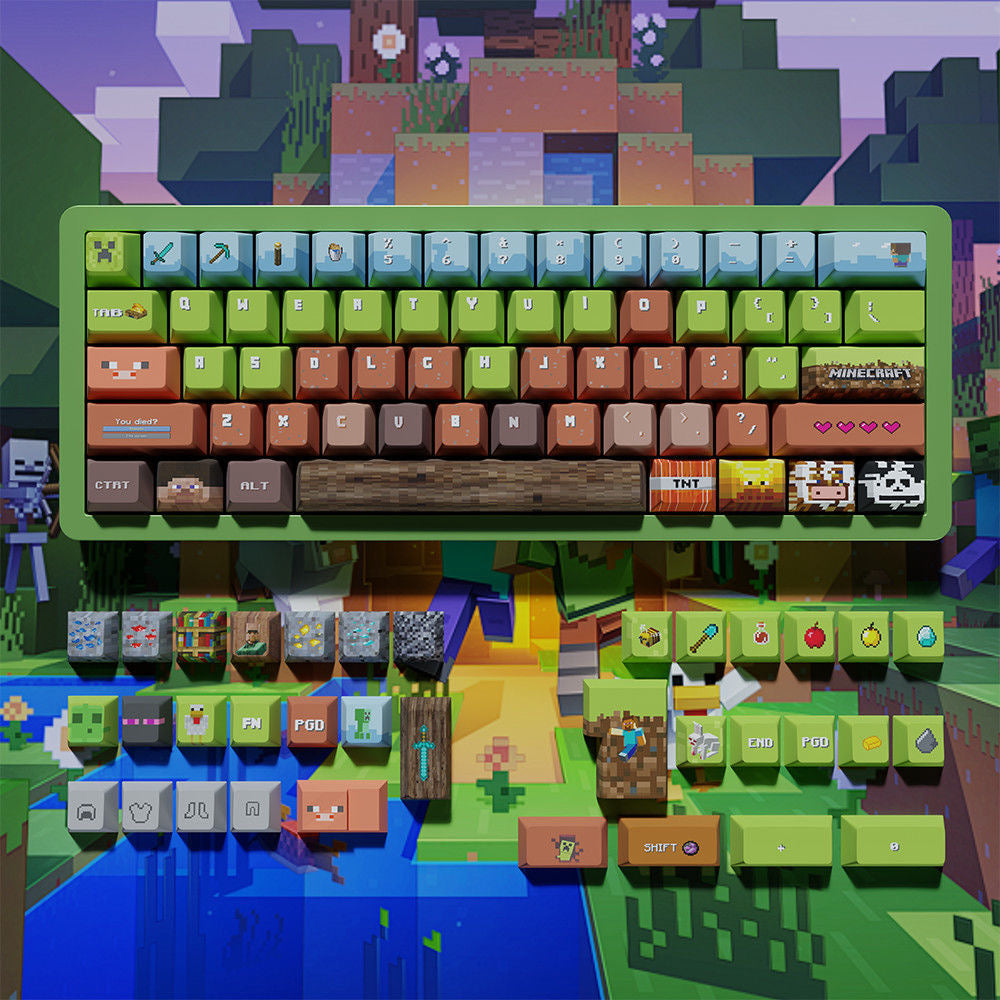 Close-up of Minecraft-themed keycaps featuring sword, creeper, and crafting table in pixel art style.
