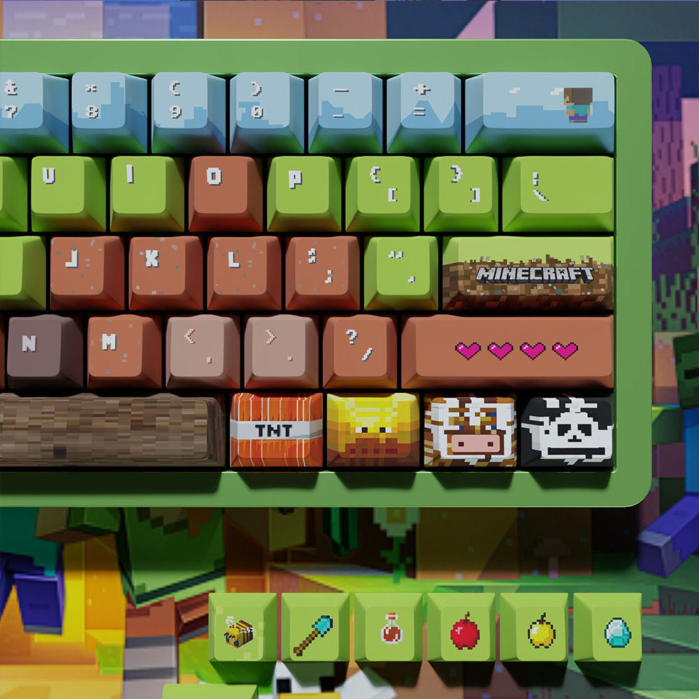 Close-up of Minecraft-themed keycaps featuring sword, creeper, and crafting table in pixel art style.