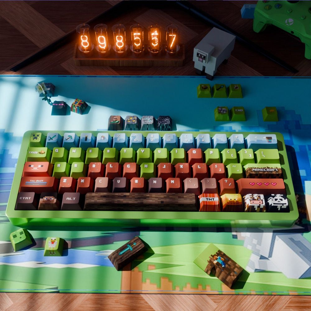 Minecraft keycap set with pixel art design for mechanical keyboards, inspired by the classic sandbox video game.