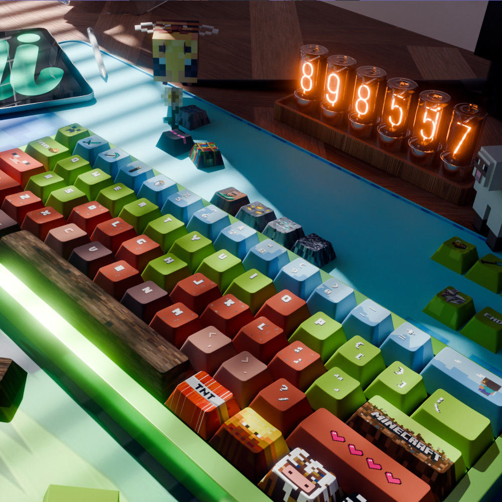 Mechanical keyboard with Minecraft custom keycaps installed, pixel block theme in green and brown tones.