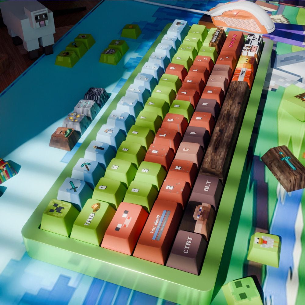 Multiple angles of Minecraft keycap set showing detailed pixel designs and durable PBT material.