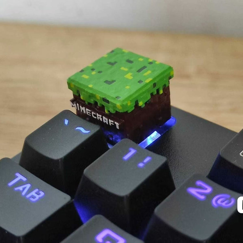 Minecraft Grass Block Artisan Keycap with Logo Green and Brown Keycap