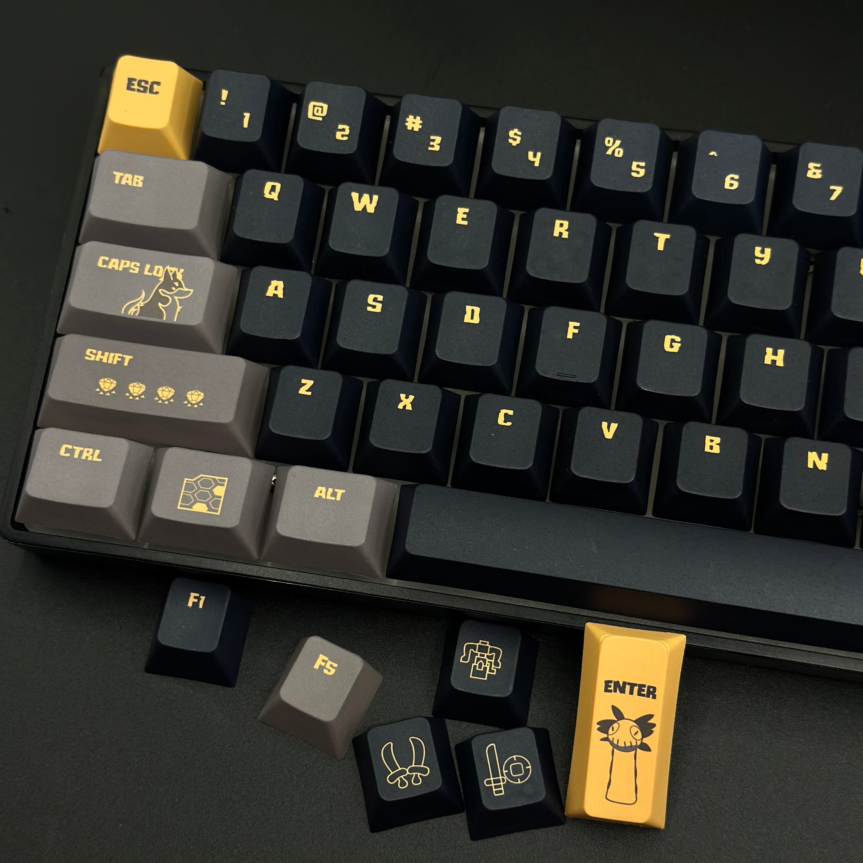 Close-up of Monster Hunter keyboard featuring detailed PBT keycaps and classic layout.
