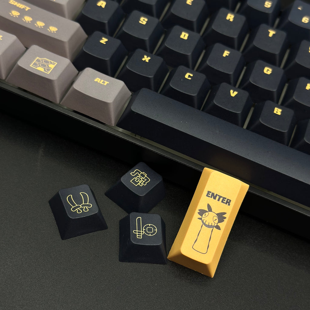 Wireless mechanical keyboard with Monster Hunter keycaps, inspired by iconic monsters and weapons.