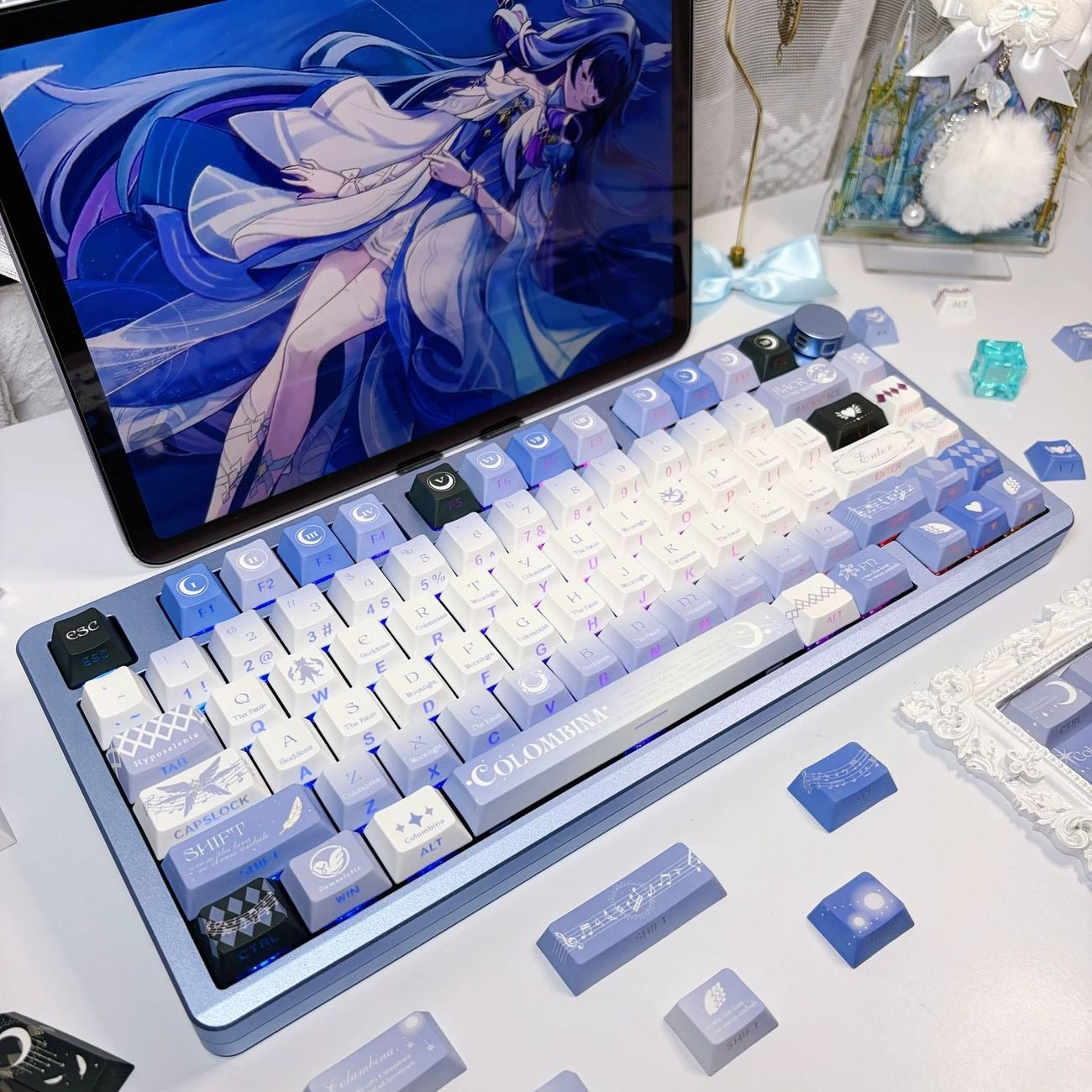 NICO Moon Girl inspired PBT keycap set featuring dreamy blue tones, celestial patterns, and anime fantasy artwork. Designed for mechanical keyboards, this elegant keycap set combines moonlight aesthetics, RGB side-translucent effects, and durable PBT material for a unique desktop setup.
